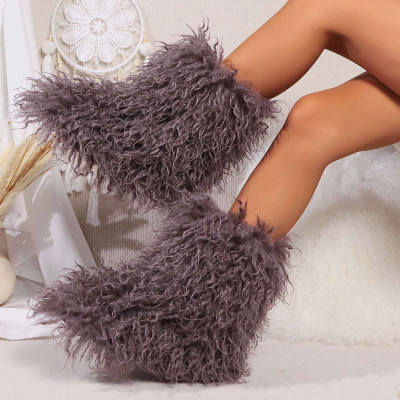 Moteriški žieminiai snieginiai batai, vidutinio aukščio viršus iš pliušo, dirbtinės kailio vidinė dalis, gumos pada, plokščias kulnas 3 cm