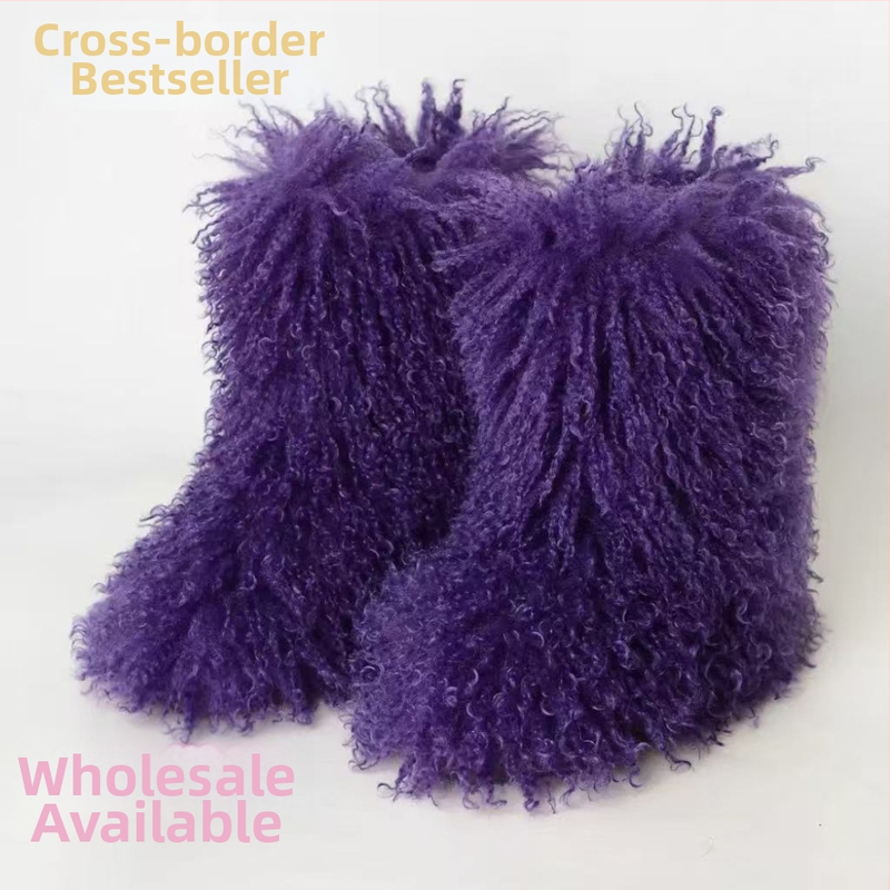 Moteriški žieminiai snieginiai batai, vidutinio aukščio viršus iš pliušo, dirbtinės kailio vidinė dalis, gumos pada, plokščias kulnas 3 cm