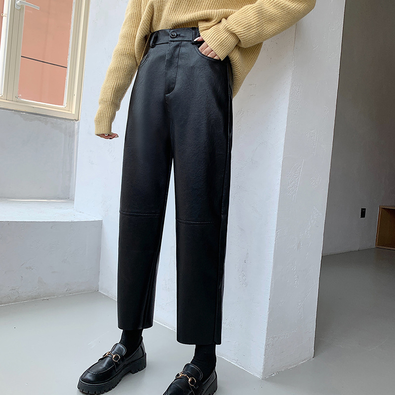 Pantaloni dama din piele PU, croi drept, talie înaltă, lungime cropped, stil retro, croială slim, toamna-iarna 2025