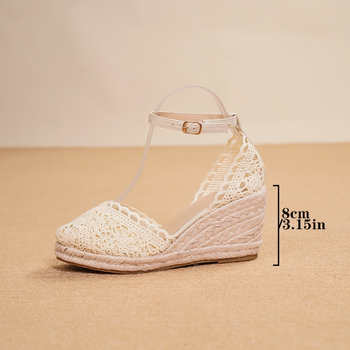 Moteriški nėrinių sandalai su nėriniu viršutine dalimi, apvalia nosis, stora platforma, TPR padas, vidus kanvasas