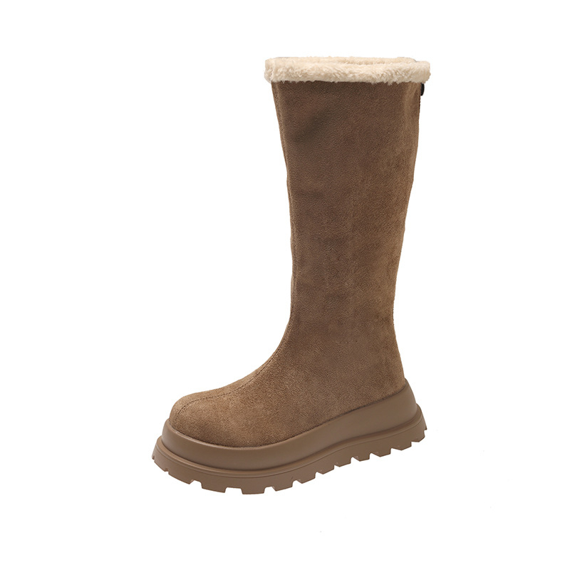 Lovaglócsizma velúrfelsővel, magas szár, PVC talp, pull-on zárás, középmagas sarok 3–5 cm