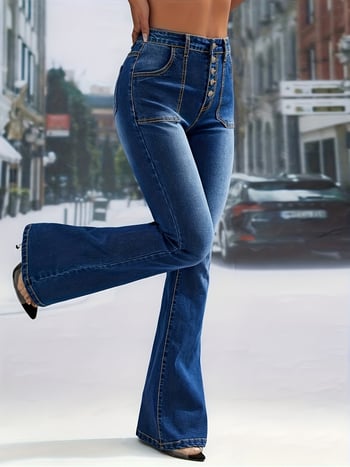 Traperice od denima, visoki pojas, bootcut kroj, elastični materijal, pamuk 80–90%
