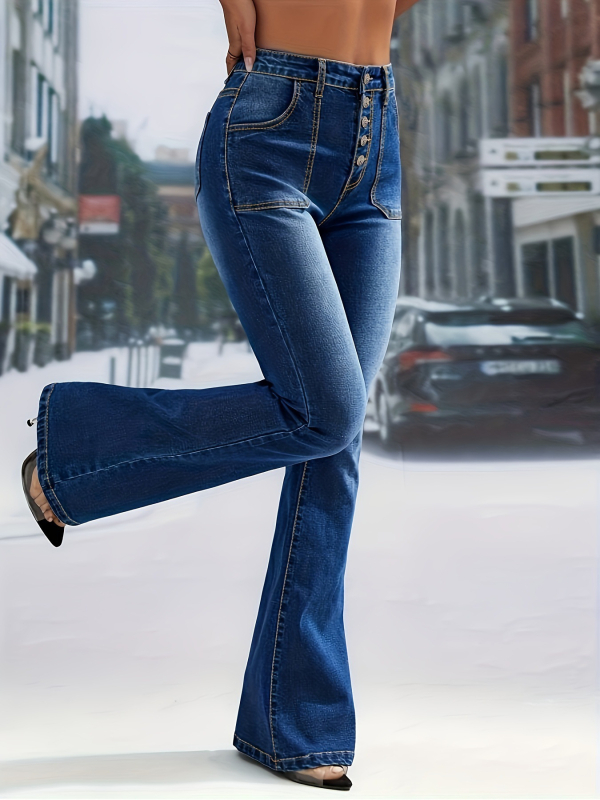 Traperice od denima, visoki pojas, bootcut kroj, elastični materijal, pamuk 80–90%
