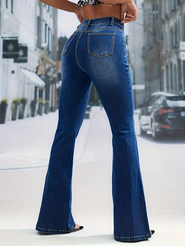 Traperice od denima, visoki pojas, bootcut kroj, elastični materijal, pamuk 80–90%