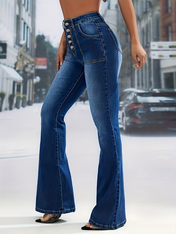 Traperice od denima, visoki pojas, bootcut kroj, elastični materijal, pamuk 80–90%