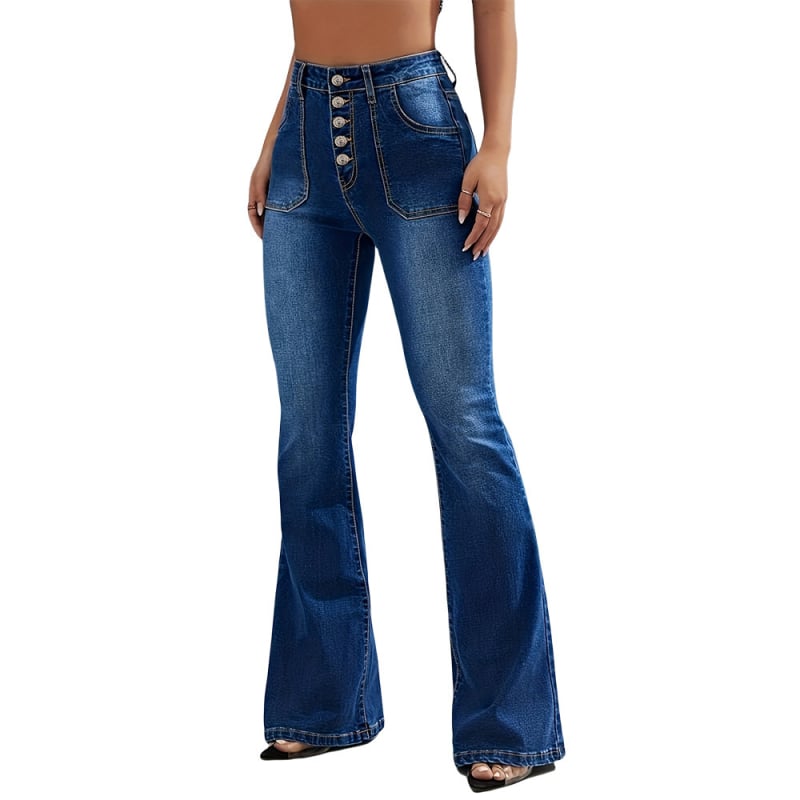 Traperice od denima, visoki pojas, bootcut kroj, elastični materijal, pamuk 80–90%