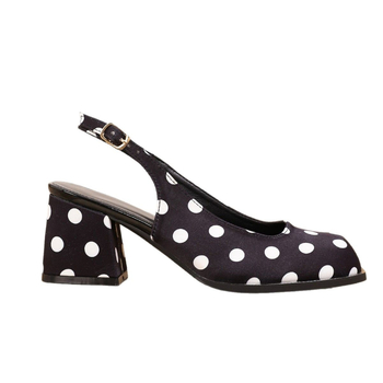 Sandalice s visokim petama, kvadratnim vrhom, satenski s točkicama, kopča
