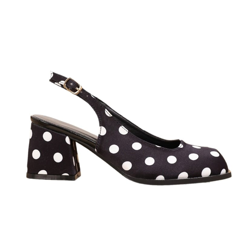 Sandalice s visokim petama, kvadratnim vrhom, satenski s točkicama, kopča