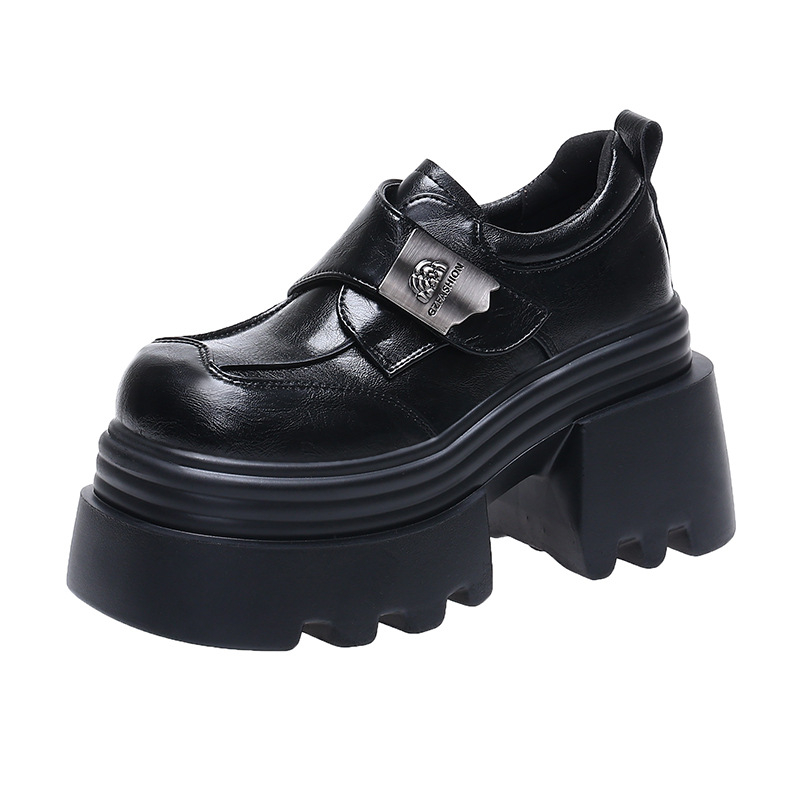 Platformos loafer cipő vastag talppal, körkörös orrú, PU felső rész, Velcro-zárás, 6–8 cm sarok