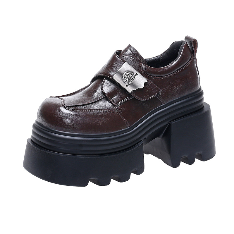 Platformos loafer cipő vastag talppal, körkörös orrú, PU felső rész, Velcro-zárás, 6–8 cm sarok