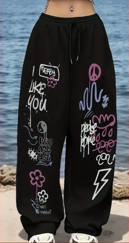 Dámske harém nohavice s potlačou, vysoký pás, voľný strih, dlhé nohavice z polyesteru, 95% polyester, jesenné vydanie 2025