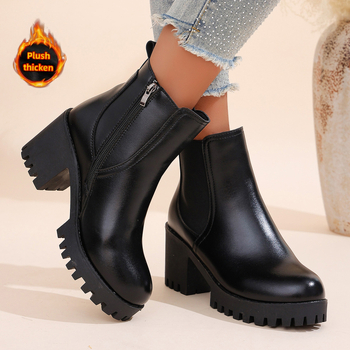 Moteriški bateliai iki blauzdos - šilti, su vilnos pamušalu, viršus iš dirbtinės odos, gumos padas, prancūziška kulnėlė, šoninis užtrauktukas