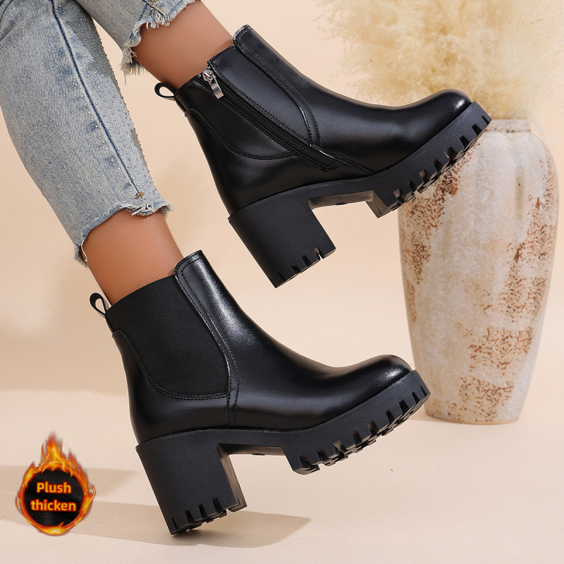 Moteriški bateliai iki blauzdos - šilti, su vilnos pamušalu, viršus iš dirbtinės odos, gumos padas, prancūziška kulnėlė, šoninis užtrauktukas