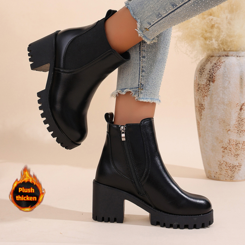 Moteriški bateliai iki blauzdos - šilti, su vilnos pamušalu, viršus iš dirbtinės odos, gumos padas, prancūziška kulnėlė, šoninis užtrauktukas