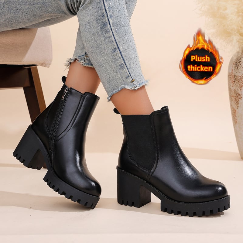 Moteriški bateliai iki blauzdos - šilti, su vilnos pamušalu, viršus iš dirbtinės odos, gumos padas, prancūziška kulnėlė, šoninis užtrauktukas