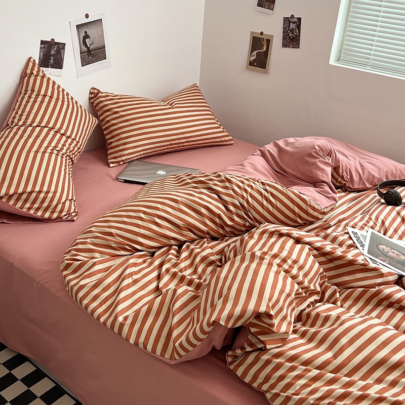 Belia četverodijelni set posteljine od poliestera s reaktivnim ispisom na twill tkanini, brušena završnica; Muji inspiriran minimalistički stil; pruge, jednobojan ili geometrijski uzorak