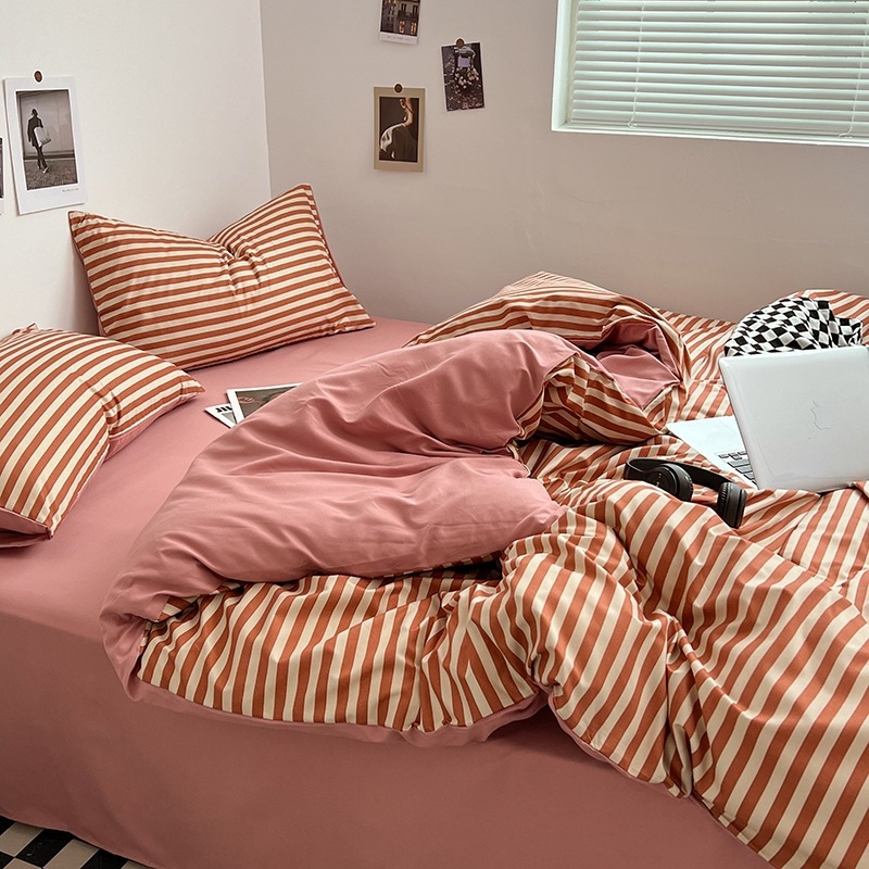 Belia četverodijelni set posteljine od poliestera s reaktivnim ispisom na twill tkanini, brušena završnica; Muji inspiriran minimalistički stil; pruge, jednobojan ili geometrijski uzorak