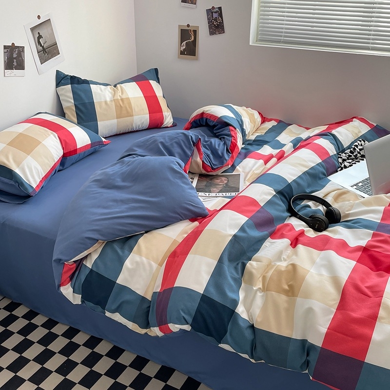 Belia četverodijelni set posteljine od poliestera s reaktivnim ispisom na twill tkanini, brušena završnica; Muji inspiriran minimalistički stil; pruge, jednobojan ili geometrijski uzorak
