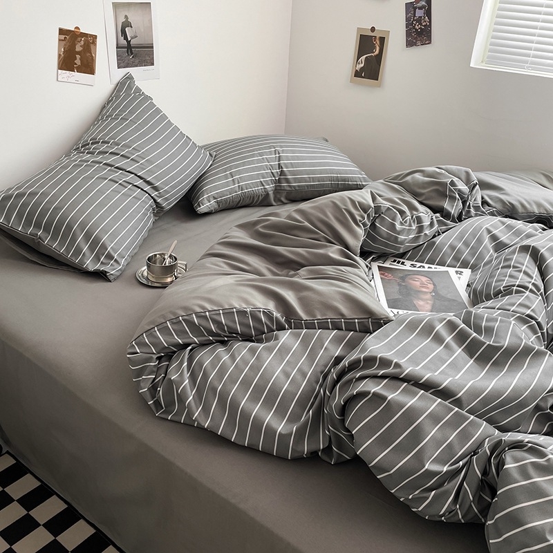 Belia četverodijelni set posteljine od poliestera s reaktivnim ispisom na twill tkanini, brušena završnica; Muji inspiriran minimalistički stil; pruge, jednobojan ili geometrijski uzorak