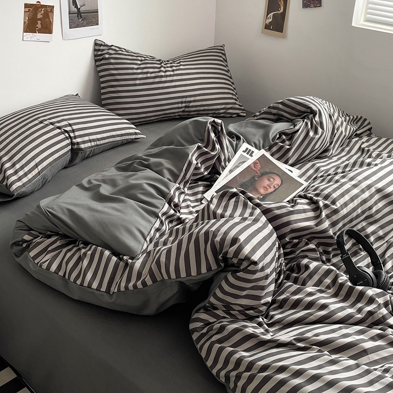 Belia četverodijelni set posteljine od poliestera s reaktivnim ispisom na twill tkanini, brušena završnica; Muji inspiriran minimalistički stil; pruge, jednobojan ili geometrijski uzorak