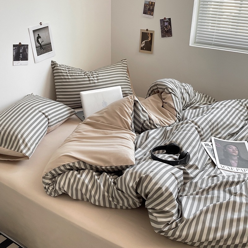 Belia četverodijelni set posteljine od poliestera s reaktivnim ispisom na twill tkanini, brušena završnica; Muji inspiriran minimalistički stil; pruge, jednobojan ili geometrijski uzorak