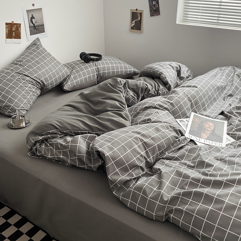 Belia četverodijelni set posteljine od poliestera s reaktivnim ispisom na twill tkanini, brušena završnica; Muji inspiriran minimalistički stil; pruge, jednobojan ili geometrijski uzorak