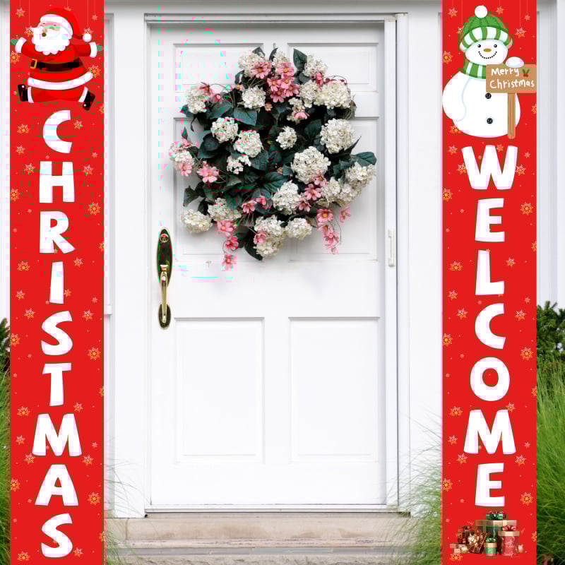 Banner de ușă de Crăciun cu Moș Crăciun și Om de zăpadă, poliester, imprimare mecanică, stil 4505591