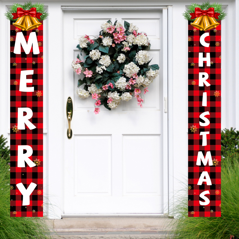 Banner de ușă de Crăciun cu Moș Crăciun și Om de zăpadă, poliester, imprimare mecanică, stil 4505591