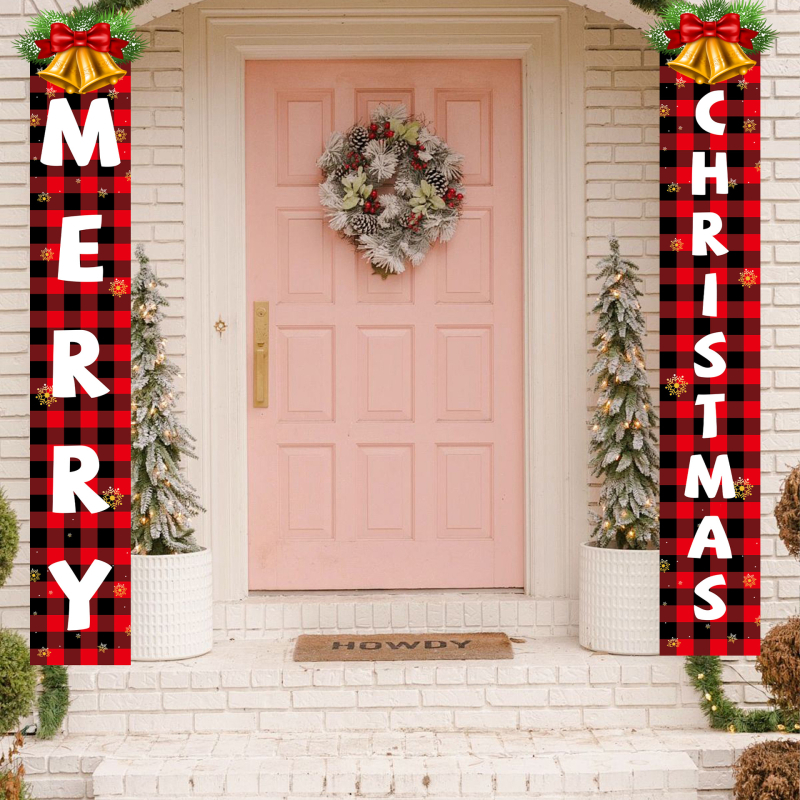 Banner de ușă de Crăciun cu Moș Crăciun și Om de zăpadă, poliester, imprimare mecanică, stil 4505591