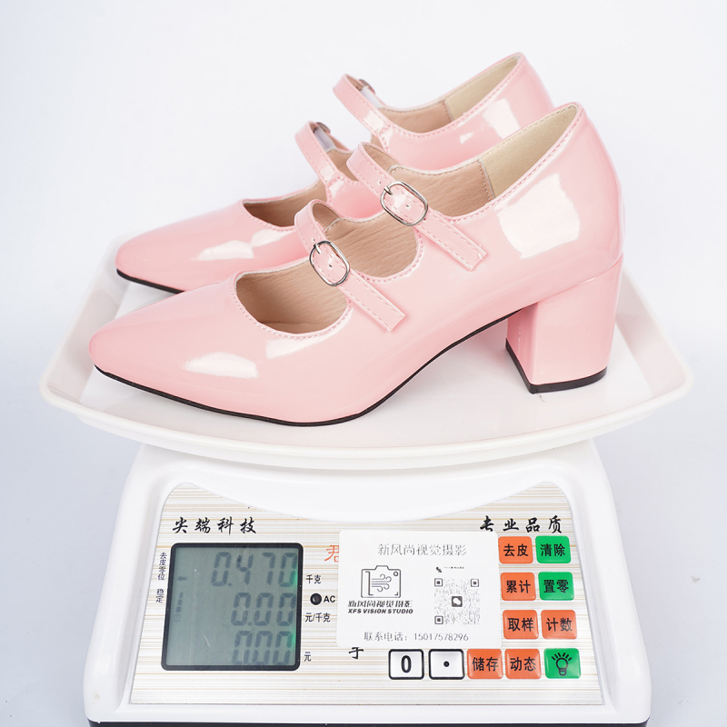 Pantofi cu toc înalt, vârf ascuțit, partea superioară PU, închidere cu cataramă, toc gros 6–8 cm, stil european și american