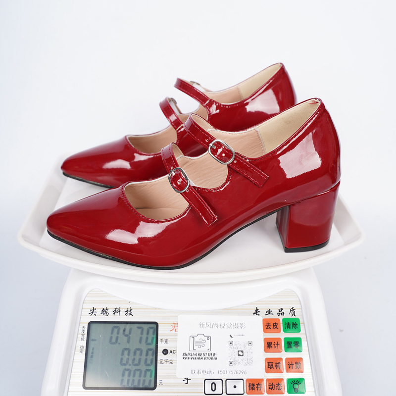 Pantofi cu toc înalt, vârf ascuțit, partea superioară PU, închidere cu cataramă, toc gros 6–8 cm, stil european și american