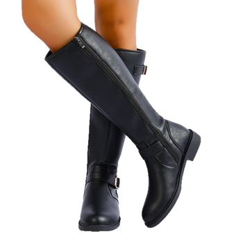 Cizme de damă moderne, cu gambă înaltă, vârf rotund, toc pătrat mic, PU pe partea superioară, fermoar lateral