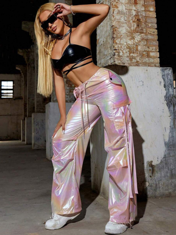 Pantaloni femei largi până la podea, talie elastică cu șnur, croială lejeră, stil street-hipster, detalii lucioase iridescente laser, material: poliester țesătură 95%+