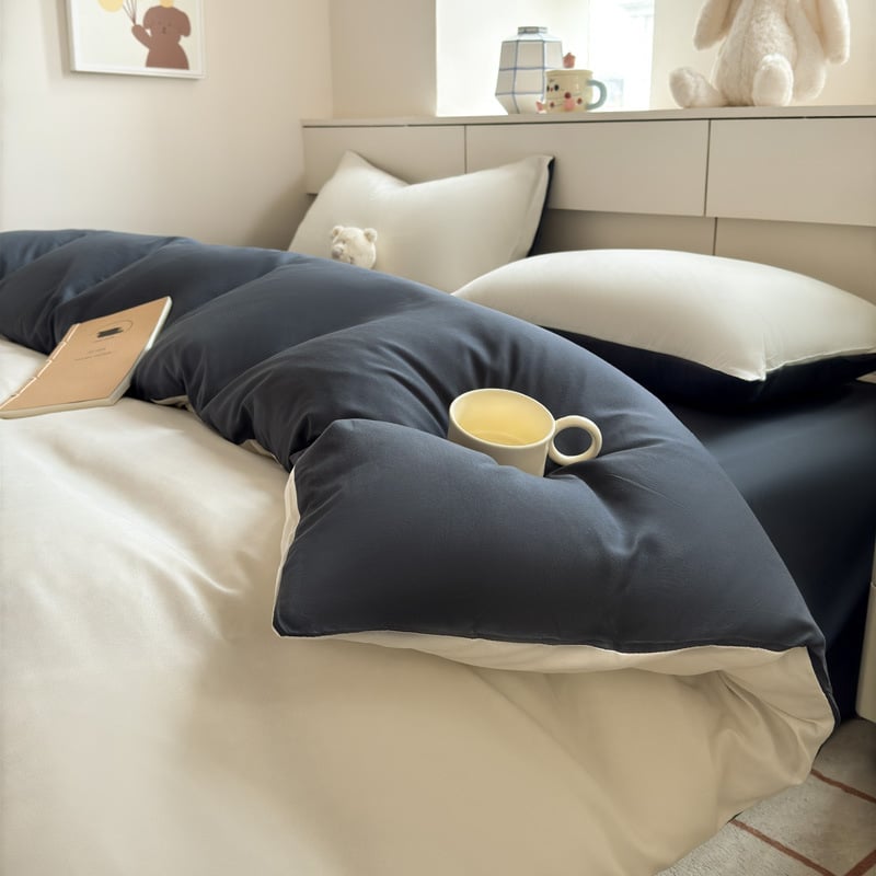 Set de lenjerie din bumbac spălat – țesătură periată, imprimare reactive și vopsire, greutate 800–1000 g, stil modern minimalist