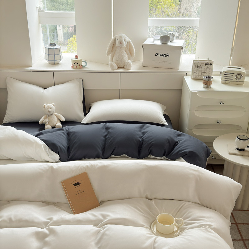 Set de lenjerie din bumbac spălat – țesătură periată, imprimare reactive și vopsire, greutate 800–1000 g, stil modern minimalist