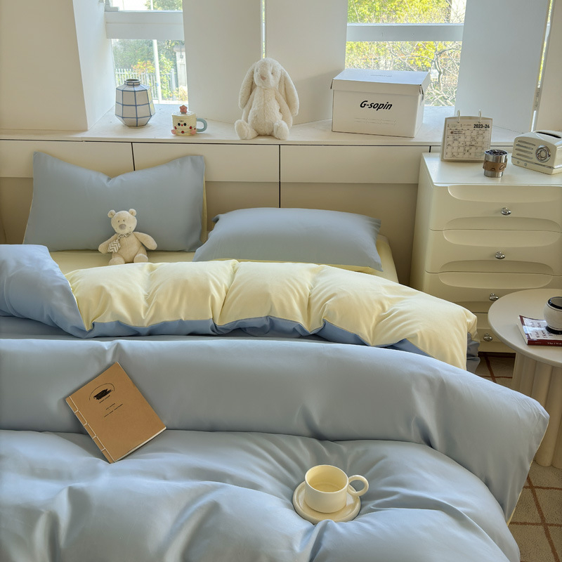 Set de lenjerie din bumbac spălat – țesătură periată, imprimare reactive și vopsire, greutate 800–1000 g, stil modern minimalist