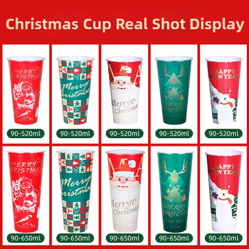 Jednorázový pohár z PP s víčkom, vstrekované lisovanie, vianočná séria s vnútornou nálepkou, objem 501–600 mL