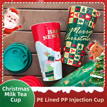 Jednorázový pohár z PP s víčkom, vstrekované lisovanie, vianočná séria s vnútornou nálepkou, objem 501–600 mL