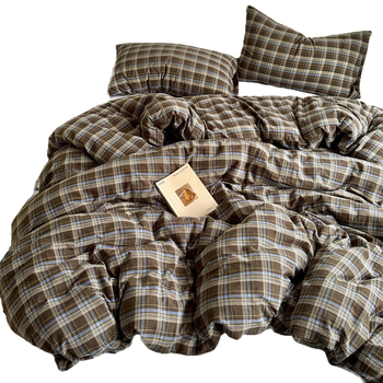 Четири части спален комплект от чист памук, каре модел, боядисан на прежда, висока плътност на тъканта, академичен стил