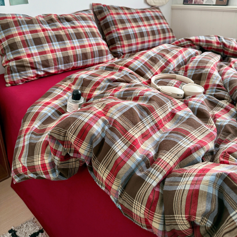 Четири части спален комплект от чист памук, каре модел, боядисан на прежда, висока плътност на тъканта, академичен стил