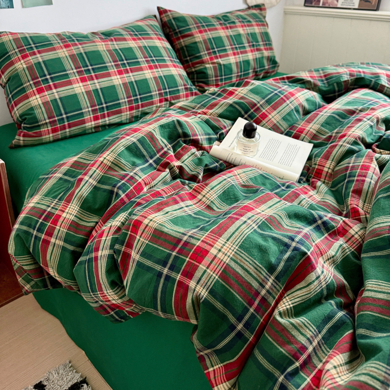 Четири части спален комплект от чист памук, каре модел, боядисан на прежда, висока плътност на тъканта, академичен стил