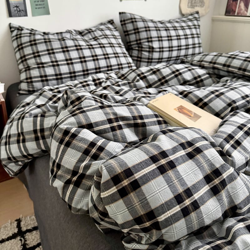 Четири части спален комплект от чист памук, каре модел, боядисан на прежда, висока плътност на тъканта, академичен стил