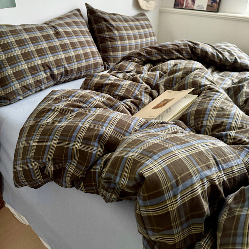 Четири части спален комплект от чист памук, каре модел, боядисан на прежда, висока плътност на тъканта, академичен стил