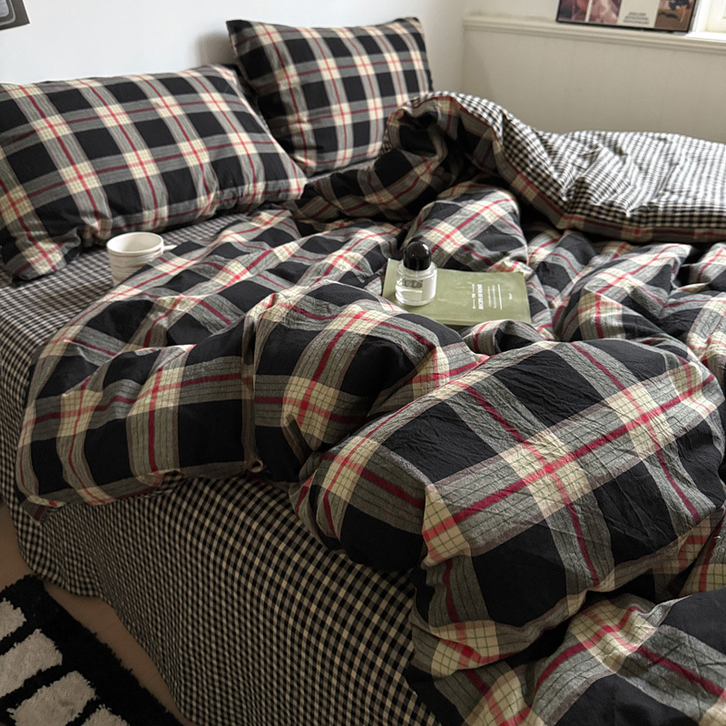 Четири части спален комплект от чист памук, каре модел, боядисан на прежда, висока плътност на тъканта, академичен стил