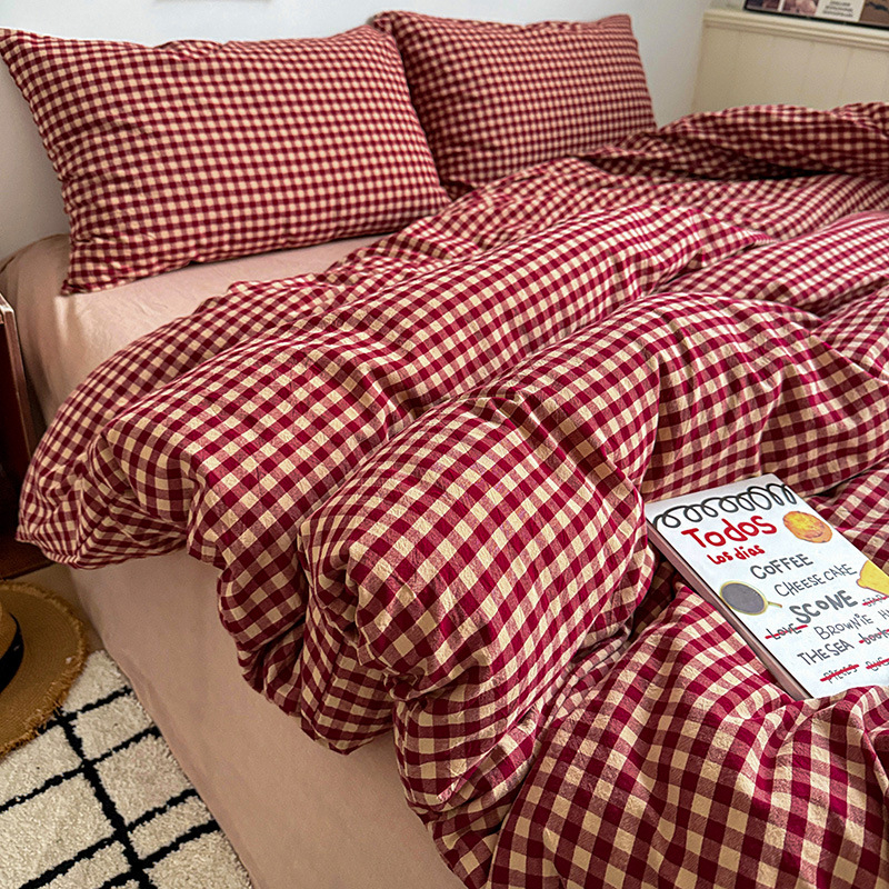 Четири части спален комплект от чист памук, каре модел, боядисан на прежда, висока плътност на тъканта, академичен стил