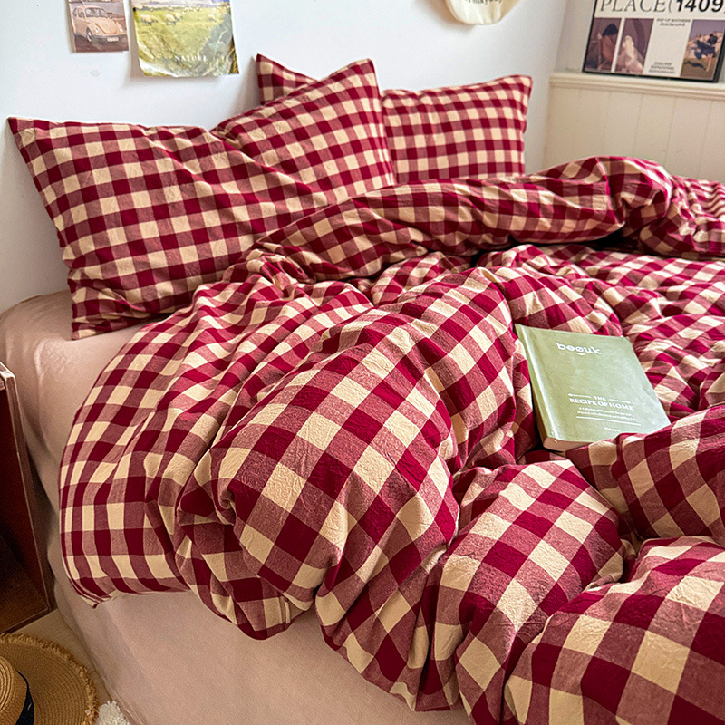 Четири части спален комплект от чист памук, каре модел, боядисан на прежда, висока плътност на тъканта, академичен стил