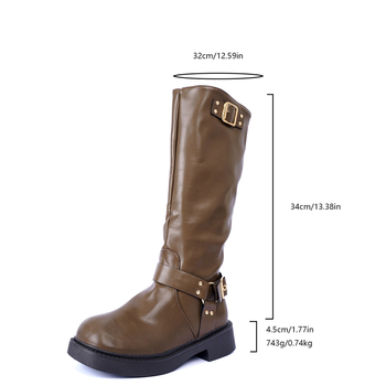 Ghete de damă de modă cu fermoar lateral, vârf rotund, toc gros de 3–5 cm, până la mijlocul gambei, PU