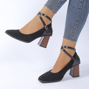 Mary Jane cipele s kvadratnim nosom, velur gornji dio, 6-8 cm visoke pete, zatvaranje kopčom