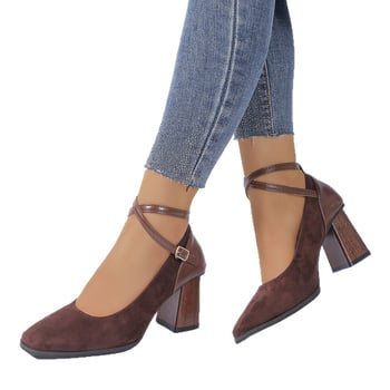 Mary Jane cipele s kvadratnim nosom, velur gornji dio, 6-8 cm visoke pete, zatvaranje kopčom