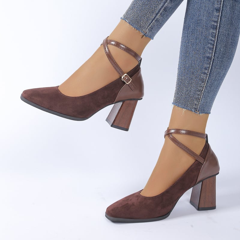 Mary Jane cipele s kvadratnim nosom, velur gornji dio, 6-8 cm visoke pete, zatvaranje kopčom